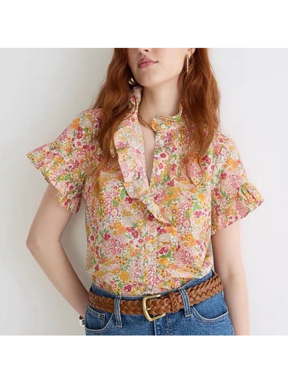 J.Crew Liberty Fabric Short-sleeve Cottage Top in 100% Linen Frilly Floral 8